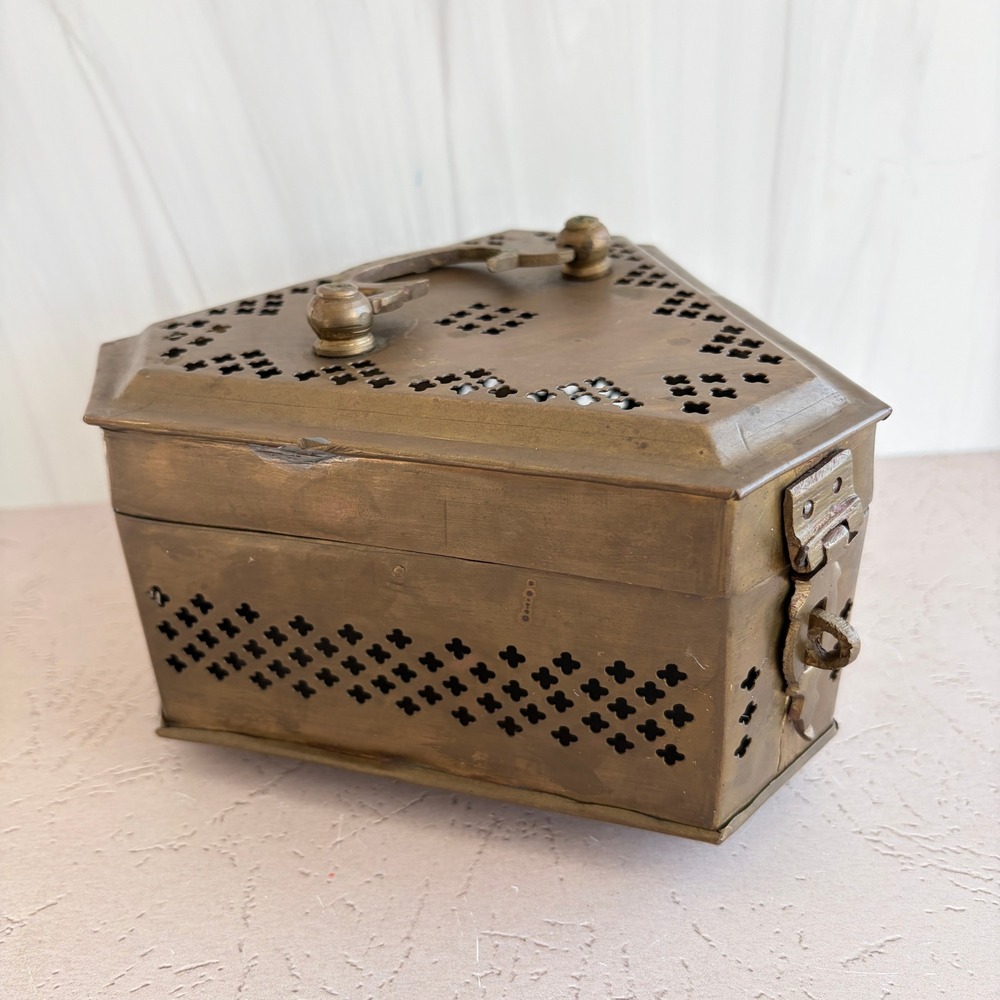 Vintage Brass Cricket Cage Triangular Pierced Metal Box with Handle and Latch